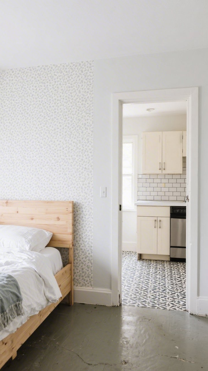 Wide shot of a renter-friendly peel-and-stick transformation: a subtle patterned peel-and-stick wallpaper accent wall behind a bed with light wood headboard, a compact kitchen corner showing a clean peel-and-stick subway tile backsplash that elevates older cabinets, and patterned peel-and-stick floor tiles in an entry nook refreshing dingy vinyl; the room feels calm with small-scale pattern on the wall and bolder graphic pattern on the floor, the rest kept simple; bright, even daylight; no people.