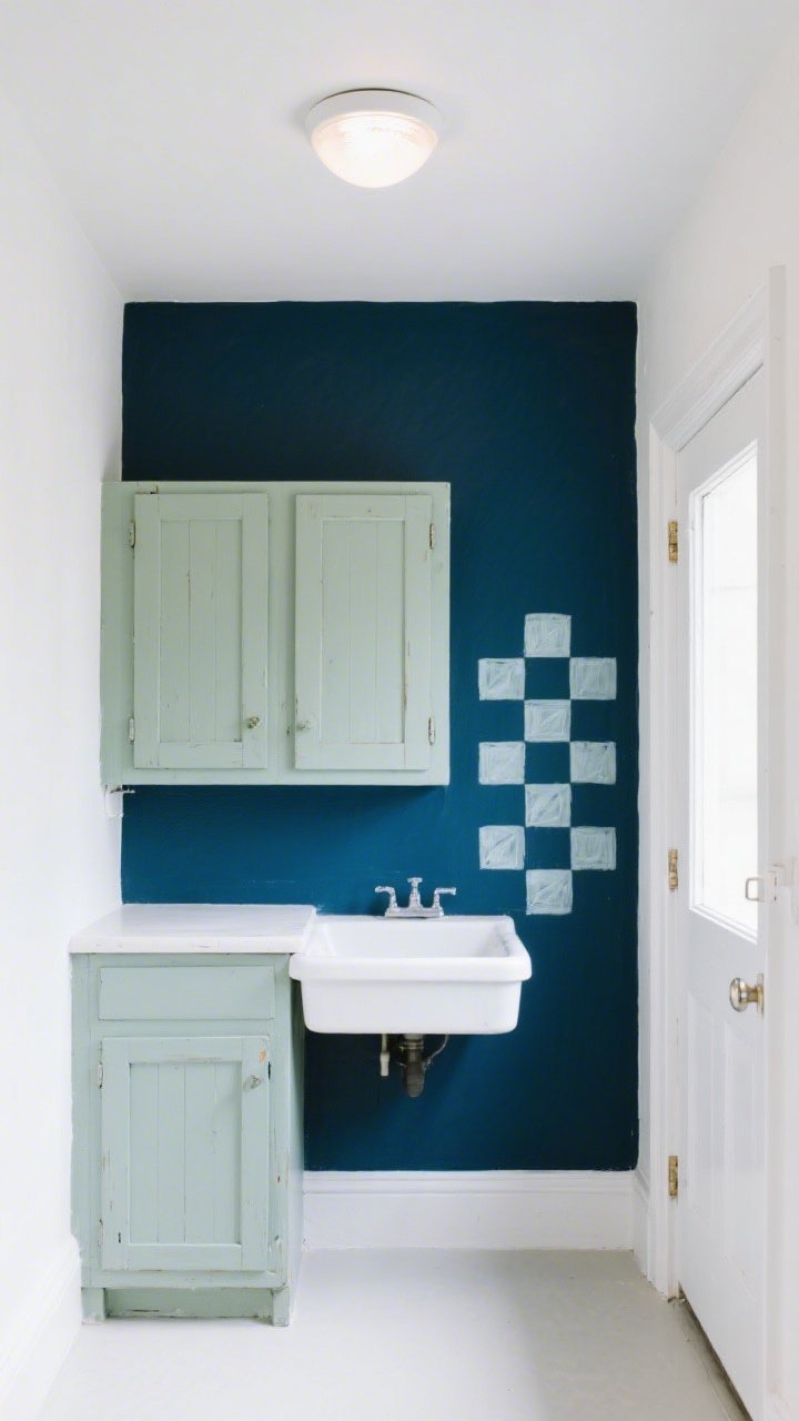 Wide shot of a small laundry room freshly painted in soft white with a seamless same-color ceiling, contrasted by a single moody navy accent wall; old laminate-front cabinets sanded and repainted in sage enamel with satin sheen; a subtle DIY checkerboard pattern stenciled on a side wall near the doorway; bright daylight LED bulbs in a flush-mount ceiling fixture make the colors read crisp and true; clean baseboards, white trim, and a simple white utility sink; no people, photorealistic, bright and airy mood, straight-on view.