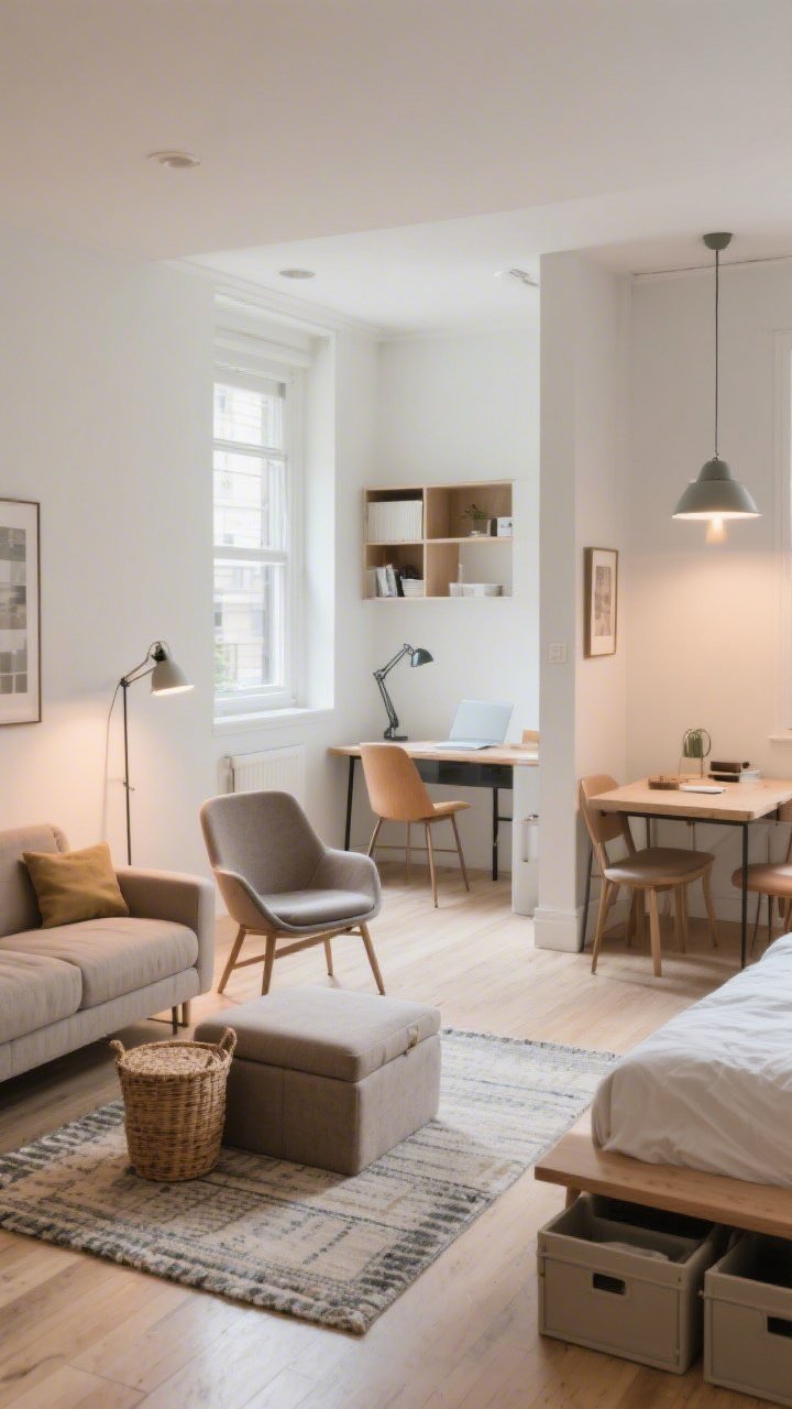 Wide shot of a small open-plan studio zoned thoughtfully: A living zone with a sofa floated on a rug, an angled accent chair, and a floor lamp as a zone marker; a compact work area defined by a task lamp and small desk; a dining nook distinguished by a pendant on dimmer; hidden storage via a lidded basket and an upholstered storage ottoman; under-bed bins subtly visible in the bedroom area; clutter-free surfaces, bright but cozy lighting around 3000K; no people, photorealistic.