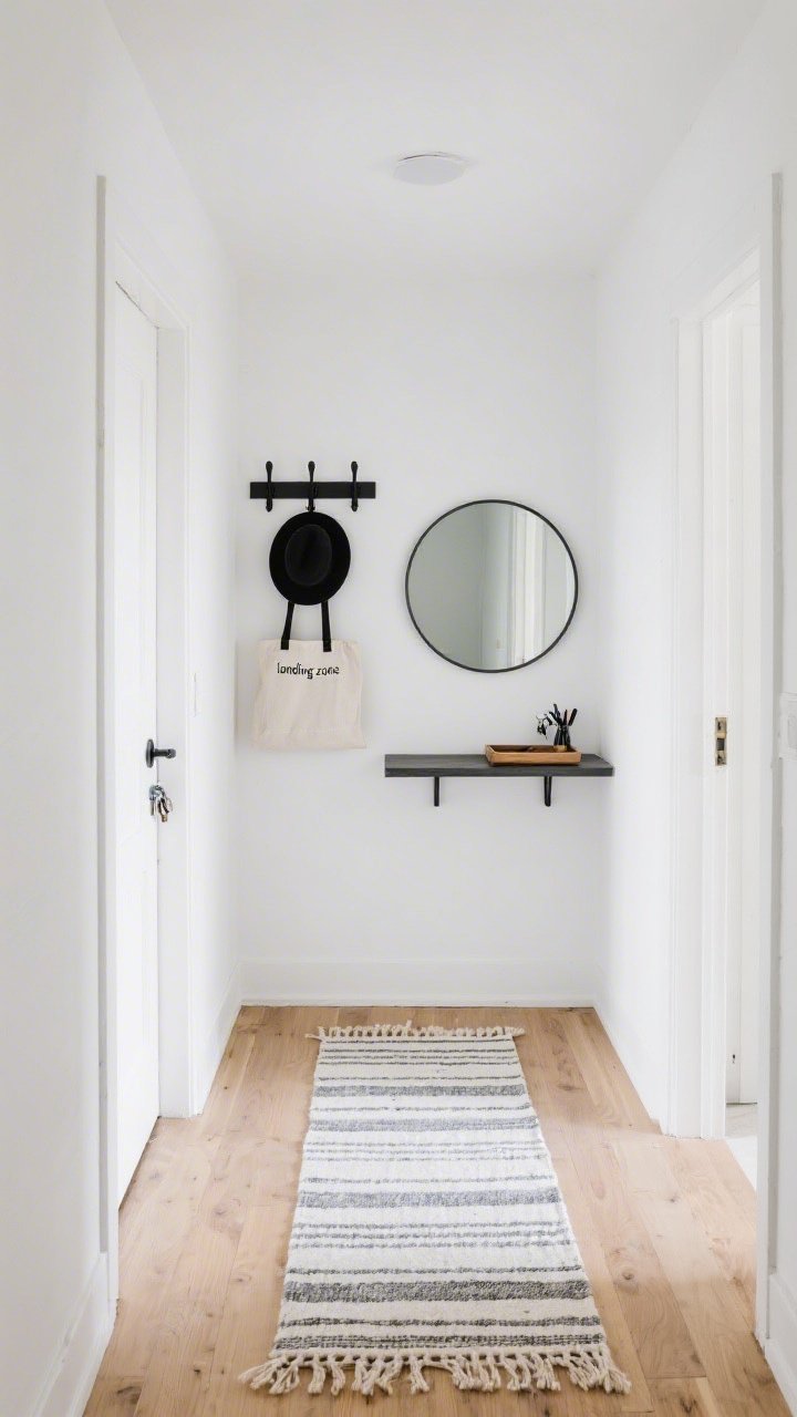 Wide shot of a styled entry “landing zone” in a small apartment hallway: matte black wall hooks holding a hat and tote, a slim floating console with a tray corralling keys, and a narrow washable runner rug with subtle stripes; a round mirror above the console reflects light; clean white walls, light wood floors; straight-on perspective with bright, even daylight.