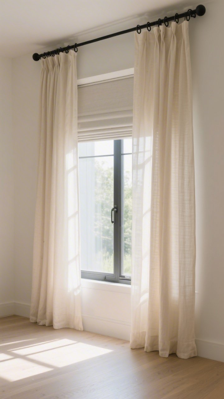 Wide shot of a sunlit window glow-up: curtains hung high and wide with light-filtering linen panels in soft cream on black rod with clip rings; doubled sheer panels for fullness; a discreet blackout roller shade mounted behind, partially lowered; airy, bright mood with gentle shadows on the floor; straight-on view.