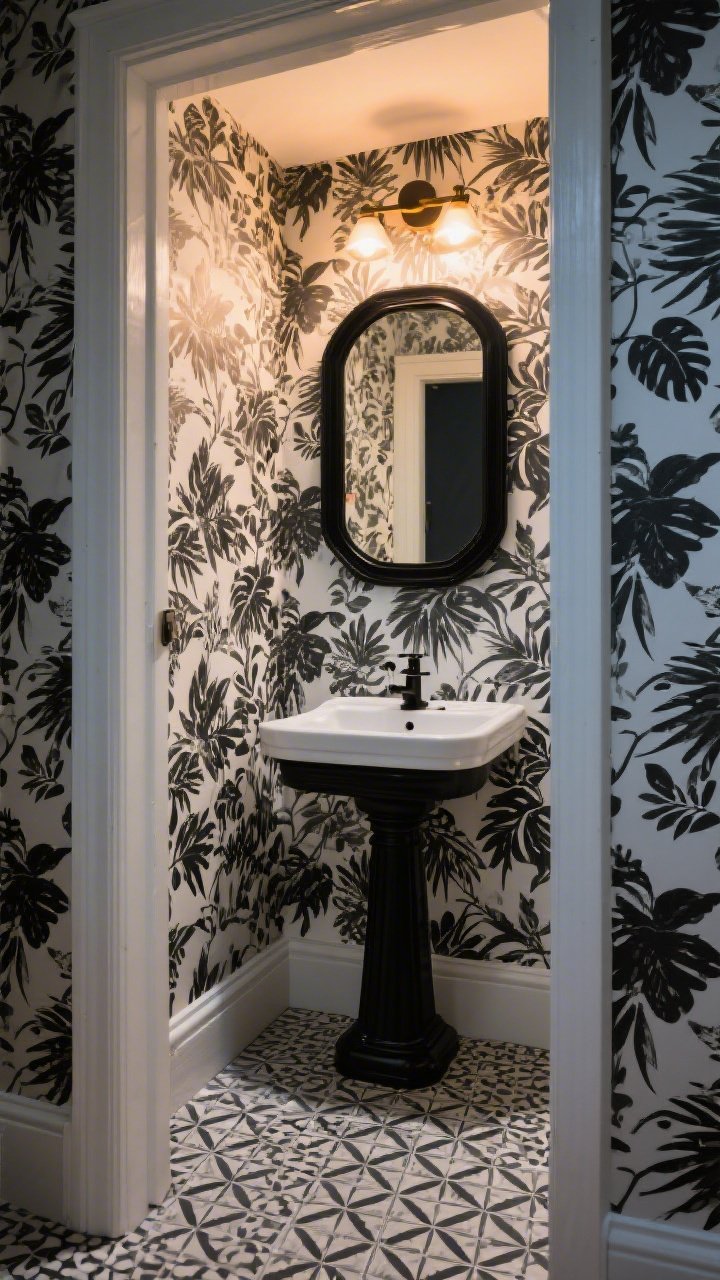 Wide shot of a tiny powder room with bold peel-and-stick wallpaper in a high-contrast botanical pattern covering all walls; matte black mirror and faucet, small pedestal sink; patterned peel-and-stick floor tiles in a geometric motif; evening lighting from a warm sconce above the mirror; photorealistic, straight-on doorway view highlighting the removable finishes