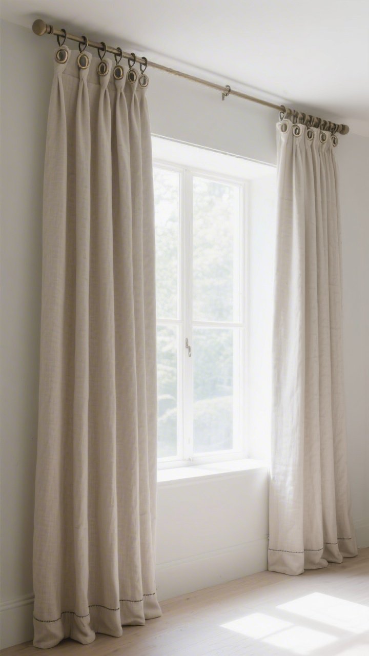 Wide shot of a window dressed with plain curtain panels enhanced by clip rings for a pleated effect and hem tape for perfect length; rod mounted high and wide, nearly kissing the ceiling, to elongate the window; neutral linen-look fabric gently pooled or just touching the floor; bright, airy daylight streaming in, showcasing a tailored, high-end look