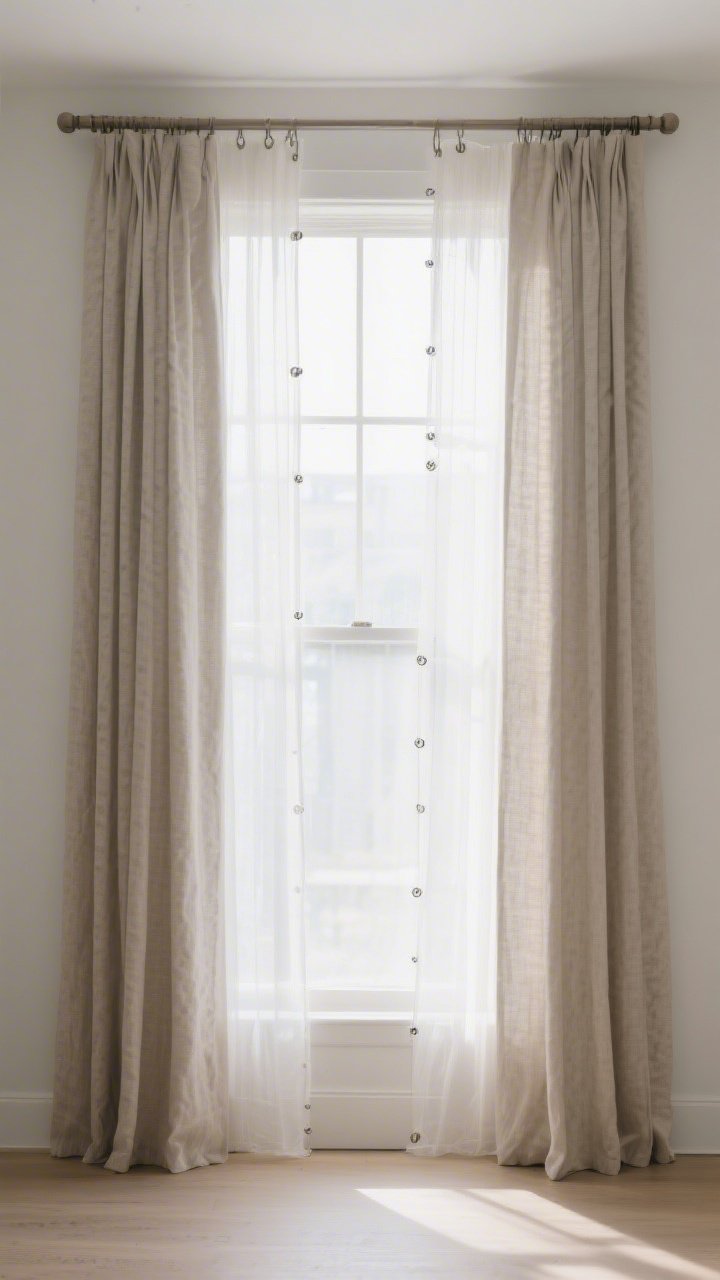 Wide shot of a window wall demonstrating curtain tricks: rods mounted 8 inches above and 10 inches past each side, long linen-blend curtains just kissing the floor; a sheer inner layer softens light; include a second set made from neutral drop cloth panels on clip rings to show budget option; bright, diffused daylight flows in; straight-on composition emphasizing height.