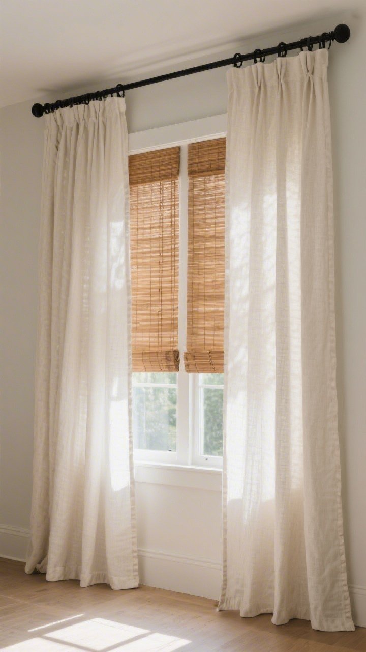 Wide shot of a window wall: Floor-length linen-blend curtains hung high (4–6 inches above frame) and wide (6–10 inches beyond each side), in a soft off-white; layered beneath are warm-toned bamboo shades for texture; ironed hems with a clean, custom-length finish using hemming tape; natural afternoon light diffused through the fabrics; simple black curtain rod and rings; no people, photorealistic.