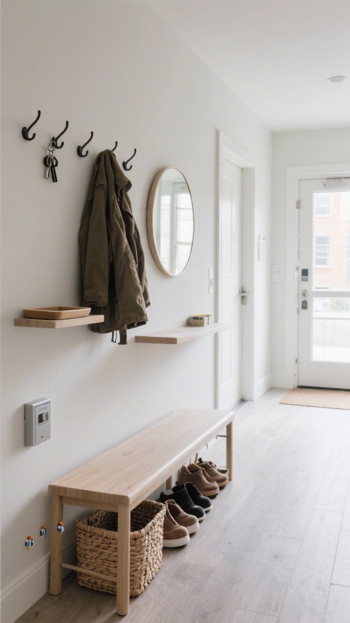 Wide shot of an apartment entry drop zone: a narrow console with a shallow shelf, wall-mounted hooks above holding coats, a small tray for keys, and a round mirror that bounces light; a slim bench with woven baskets underneath for shoes; stick-on hooks visible for a rental-safe setup; bright, even daylight from a nearby window; photorealistic, straight-on hallway perspective