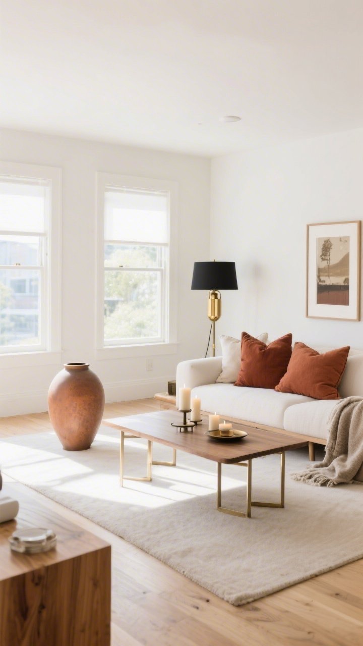 Wide shot of an open-plan living area demonstrating a cohesive color story: three core colors—dominant warm white, supporting light oak, and a muted rust accent repeated in pillows, a vase, and a framed print; metals kept consistent in brass and matte black across lamp, hardware, and coffee table legs; small test accents (throw, candles) show palette commitment; bright, even daylight, calm and curated atmosphere.