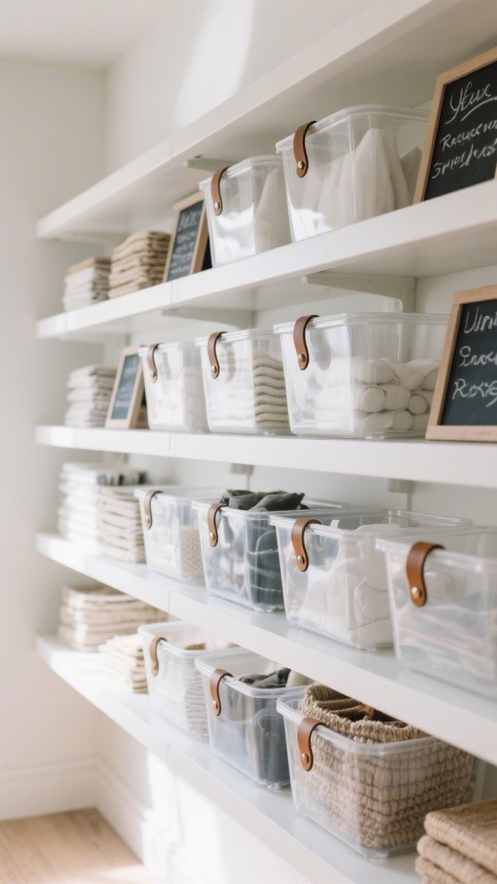 Wide shot of open shelves elevated by cohesive storage: clear and white bins matched across shelves, some with DIY faux leather pull tabs cut from a belt; uniform chalkboard labels neatly written; only attractive stacks and textures displayed, clutter concealed; balanced negative space; bright, organized, designer look in soft natural light