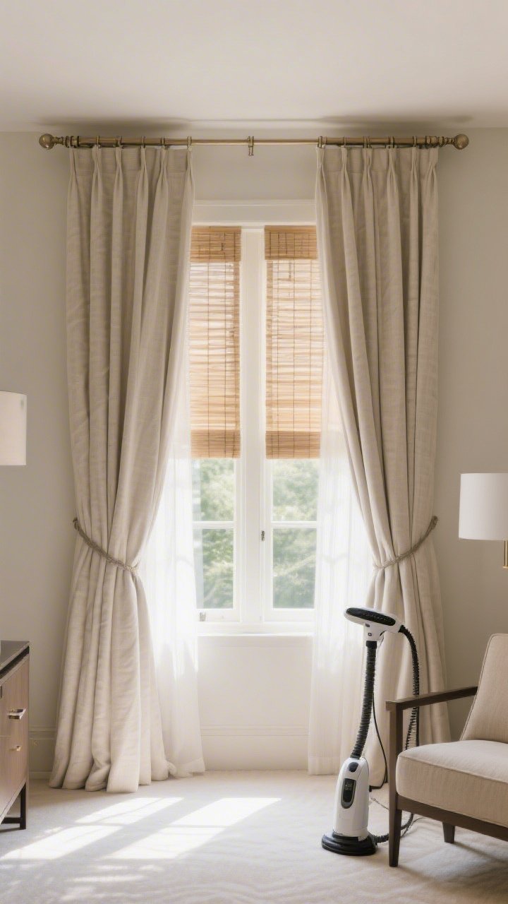 Wide shot of windows with elevated treatments: curtain rods mounted high and wide, long neutral linen-look panels kissing the floor with hotel-level fullness (double panels per side), layered with a simple bamboo shade behind; a handheld steamer on a chair nearby; bright daylight filtering through for a soft, luxe feel