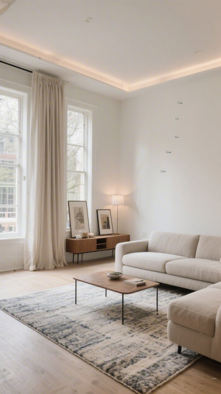 Wide shot: Phased makeover progression in a living room—Phase 1 completed with decluttered space, fresh paint, layered lighting, a properly sized rug, and high-and-wide curtains; Phase 2 partially in place with the sofa and coffee table; Phase 3 pending with placeholders for art and styling items on the console; minimal decor to show restraint; daylight, straight-on shot to convey the staged approach.