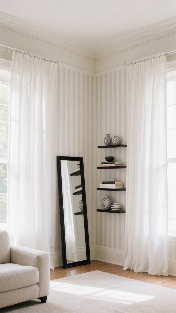 Wide shot, small living room photographed from a low corner angle emphasizing height: ceiling-high white curtains hung 2–6 inches below the ceiling, panels just kissing the floor; stacked vertical floating shelves in a narrow column displaying a few books and ceramics; a single oversized tall black-framed mirror leaning against the wall; subtle vertical striped wallpaper in warm white and soft greige; crown molding painted the same color as the ceiling to blur the line; bright, airy daytime natural light, neutral palette with black accents, photorealistic.