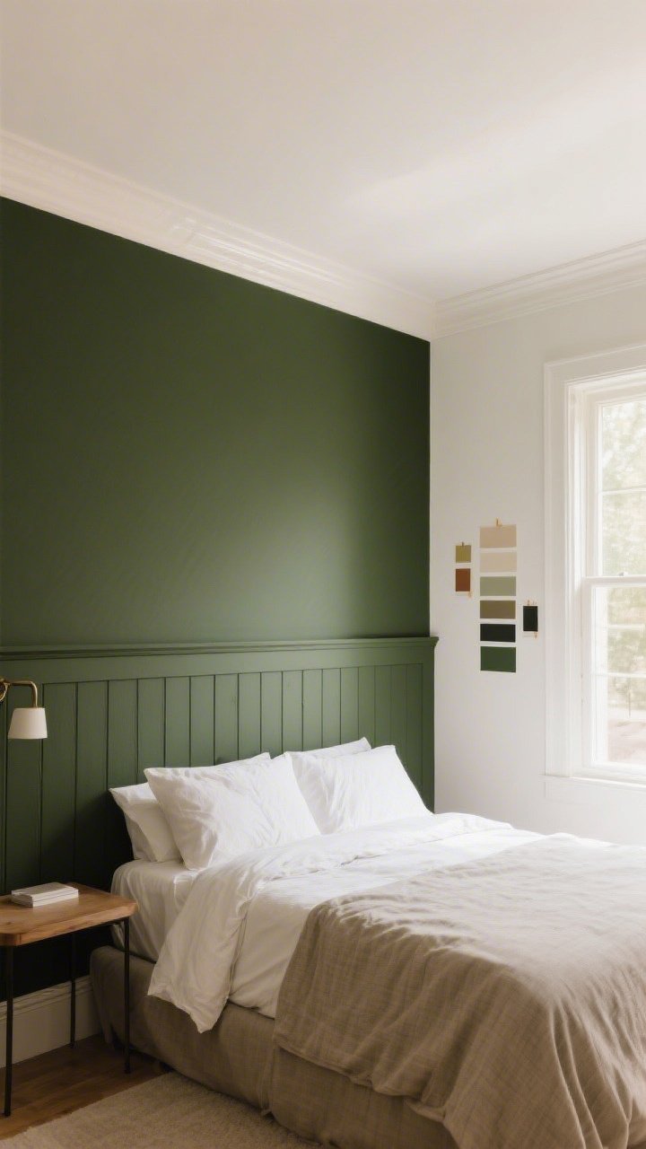 Wide shot, straight-on: A bedroom with a bold mood anchor wall behind the bed—either a deep olive paint or subtle linen-texture peel-and-stick wallpaper—featuring simple board-and-batten paneling painted the same rich color for a high-end, tonal look. The rest of the walls are soft white with warm undertones. Natural morning light from a side window illuminates the accent wall; paint swatches are taped on both a light-facing wall and a shadowed wall to show testing. Minimal furnishings so the wall is the focal point; no people, photorealistic.