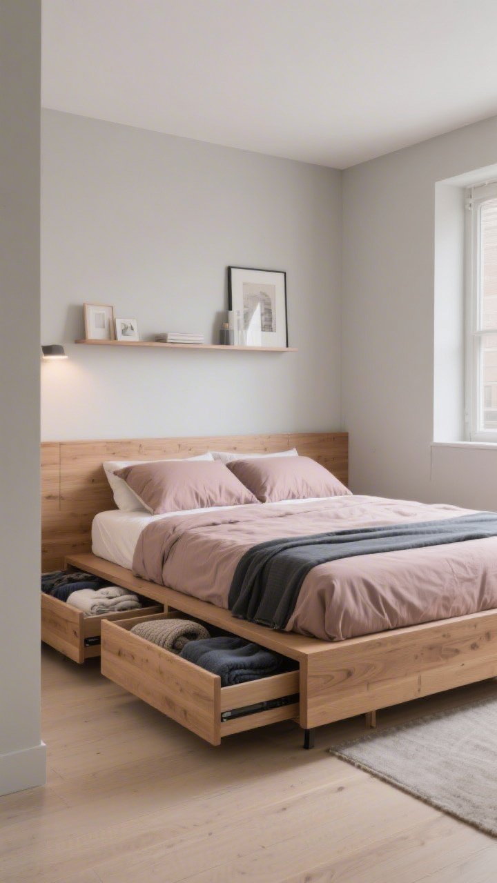 Wide shot straight-on: A small bedroom centered on a storage bed with deep under-bed drawers slightly open showing neatly folded linens and sweaters; a platform frame with a slim, narrow headboard, and a shallow gallery shelf above substituting for a bulky headboard; light greige walls, warm oak wood tones, blush-taupe bedding with a thin charcoal accent stripe; ample walking clearance around the bed; soft, even ambient lighting for a calm, functional feel, photorealistic.