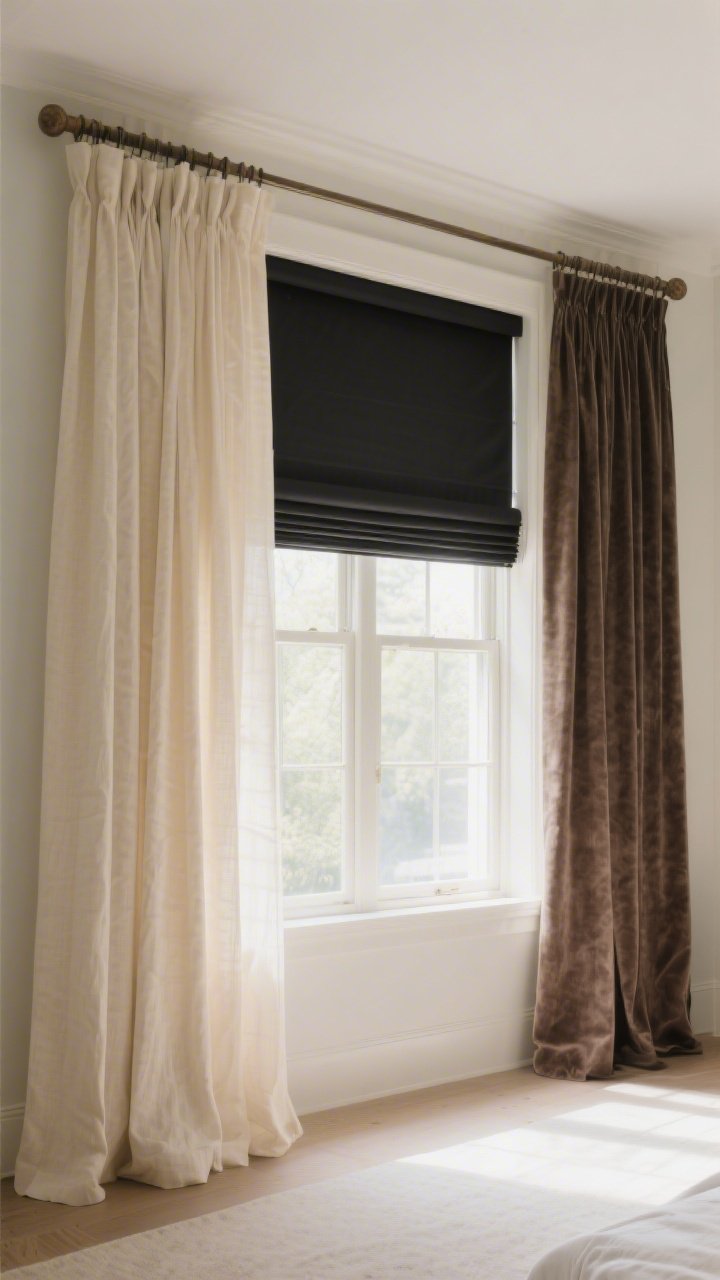 Wide shot, straight-on to windows: Dressed windows with layered treatments—blackout roller shades paired with long linen curtain panels hung high and wide near the ceiling; rods extending past frames so panels stack off-glass; fabric in warm ivory for airy elegance, lightly steamed with no wrinkles; optional secondary set in rich taupe velvet for warmth and drama; gentle morning light filtered softly, photorealistic.