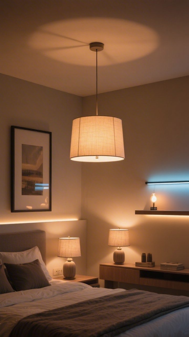 Wide shot with layered lighting: A bedroom illuminated by a dimmable shaded pendant for ambient light (2700K glow), matching bedside lamps with fabric shades for task lighting, and subtle LED strip accent lighting under a floating shelf; include a picture light over framed art; warm bulbs only, no harsh blue LEDs; overall warm, inviting evening ambiance, photorealistic.