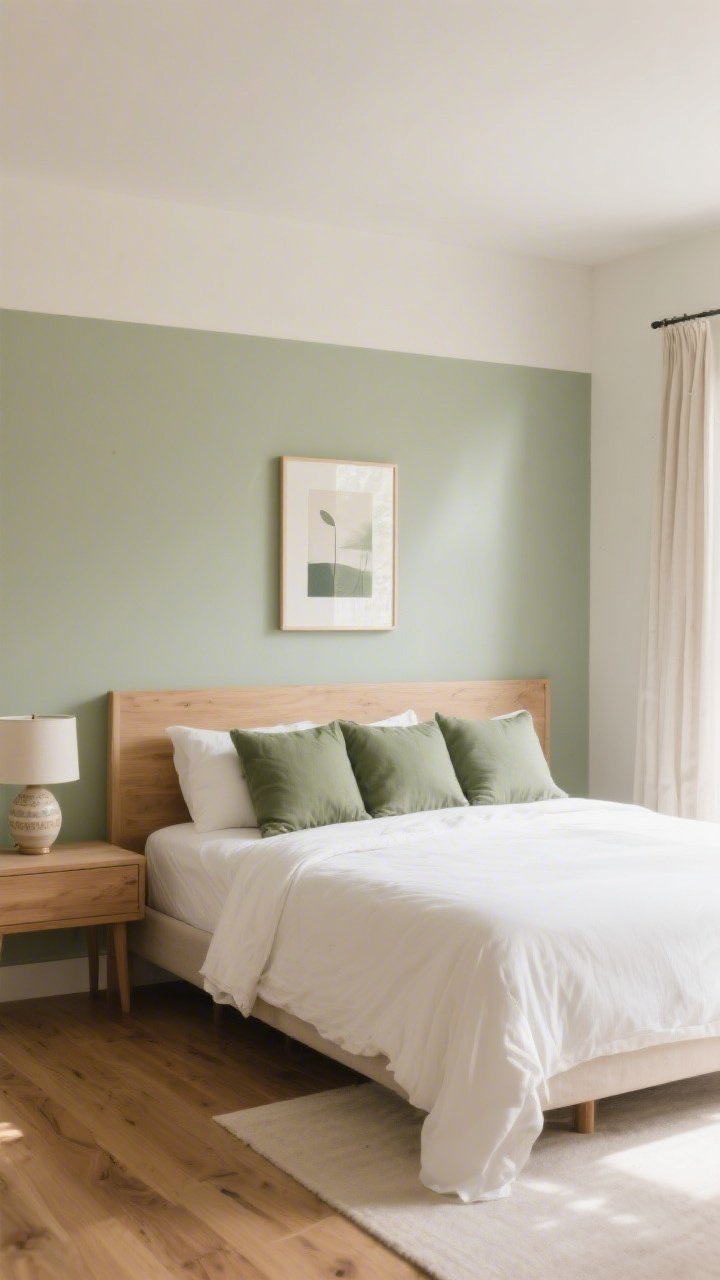 Wide, straight-on shot of a bedroom showcasing a curated three-color palette: dominant calm neutrals with muted sage and soft cream accents. Include an existing light oak headboard and medium-tone wood flooring as fixed elements, a soft sage painted accent wall behind the bed, and repeating the accent color three times via pillows, a framed art print, and a ceramic lamp base. Keep bedding and curtains in warm white/cream to reinforce cohesion. Natural morning light; photorealistic, no people.