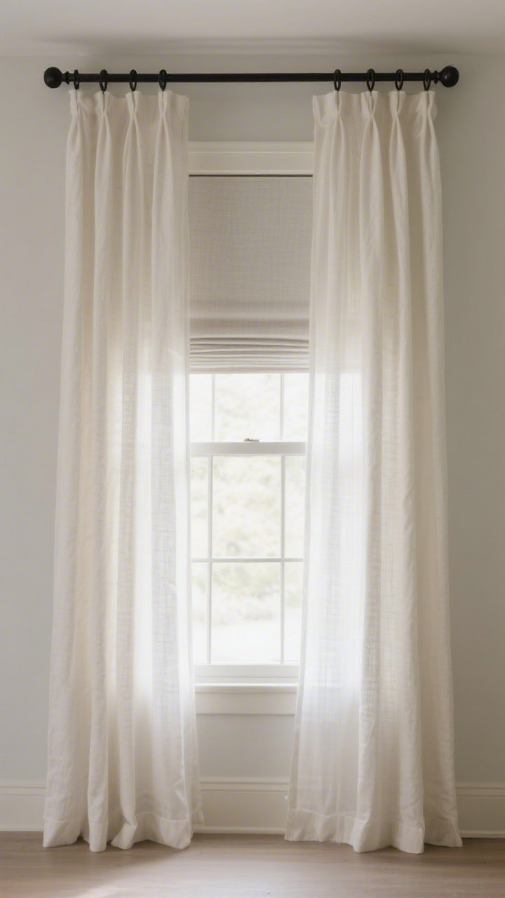 Wide, straight-on shot of a window treatment upgrade: curtain rod mounted 8 inches above the window and extended wider than the frame, linen-blend off-white curtains doubled up for fullness, panels just kissing the floor; sheer panels layered inside for daylight diffusion, with a discreet blackout roller shade mounted inside the window frame for nighttime privacy; simple black rod and rings; soft morning light filtering through sheers, room feels taller and polished.