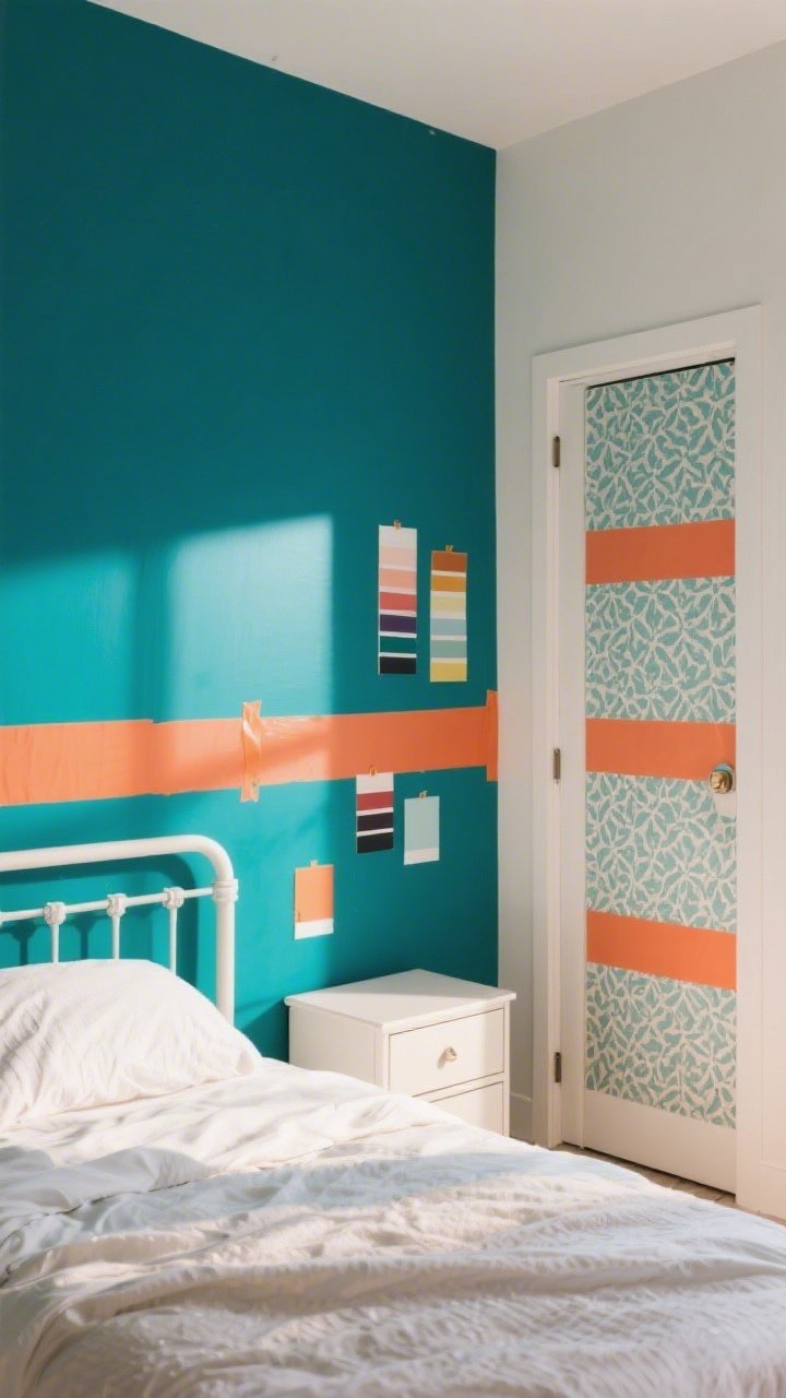 Wide, straight-on teen bedroom wall makeover: a bold feature wall painted deep teal behind a bed, with clean color-blocking using painter’s tape to create a crisp horizontal band in sunset orange; adjacent walls in soft white to avoid visual overload; peel-and-stick patterned wallpaper applied to a closet door panel and matching strips on dresser fronts; test paint swatches taped to the wall catching warm afternoon light; minimal decor so the wall is the hero, photorealistic, no people.