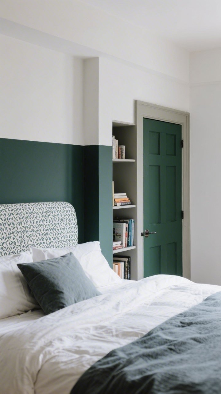 Wide, straight-on view of a bedroom wall with low-commitment upgrades: a moody painted half wall behind the bed acting as a color-blocked headboard; peel-and-stick patterned wallpaper lining the back of an open bookcase; interior door painted deep green with soft greige trim; cohesive palette, even daylight, clean lines, designer look without full repaint.