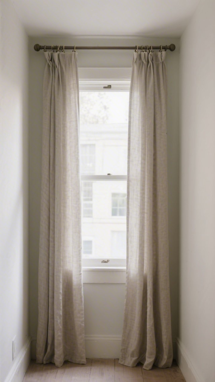 Wide, straight-on view of a window wall in a tiny room: curtain rod mounted just below the ceiling and extending 8 inches past the window frame on each side; extra-long linen blend curtains in a color that matches the wall, “kissing” the floor; curtains hung on clip rings for added height; minimal visual clutter, serene and elevated; soft daytime light streaming through.