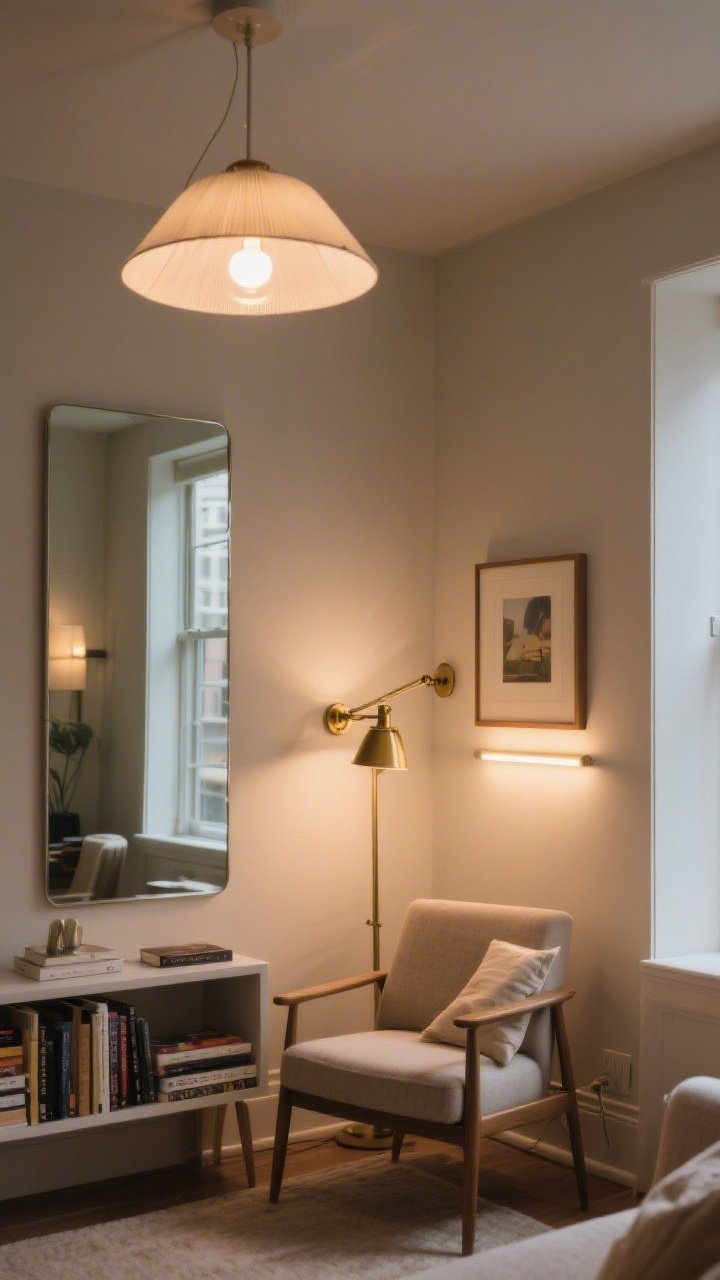 Wide-to-medium shot: Layered lighting in a small living space—ambient glow from a shaded ceiling fixture with a frosted bulb, task lighting from a brass swing-arm sconce beside a reading chair, and accent lighting from a picture light over a framed print plus a subtle LED strip illuminating a bookshelf; a large mirror placed opposite a window bouncing warm 2700–3000K light, making the room feel bigger; neutral walls, soft textures; shot from a corner angle to show light interplay and depth.