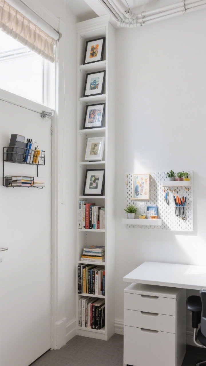 Wide vertical composition of a small office wall maximizing height: tall, narrow white bookshelves anchored to the wall drawing the eye upward; a long picture ledge arranged with rotating art prints, small books, and mini plants; a pegboard with customizable hooks and mini shelves holding office tools; an over-door rack on an adjacent door storing supplies; add a ceiling-mounted curtain track partially visible to imply a room divider; bright daylight, straight-on shot to emphasize verticality