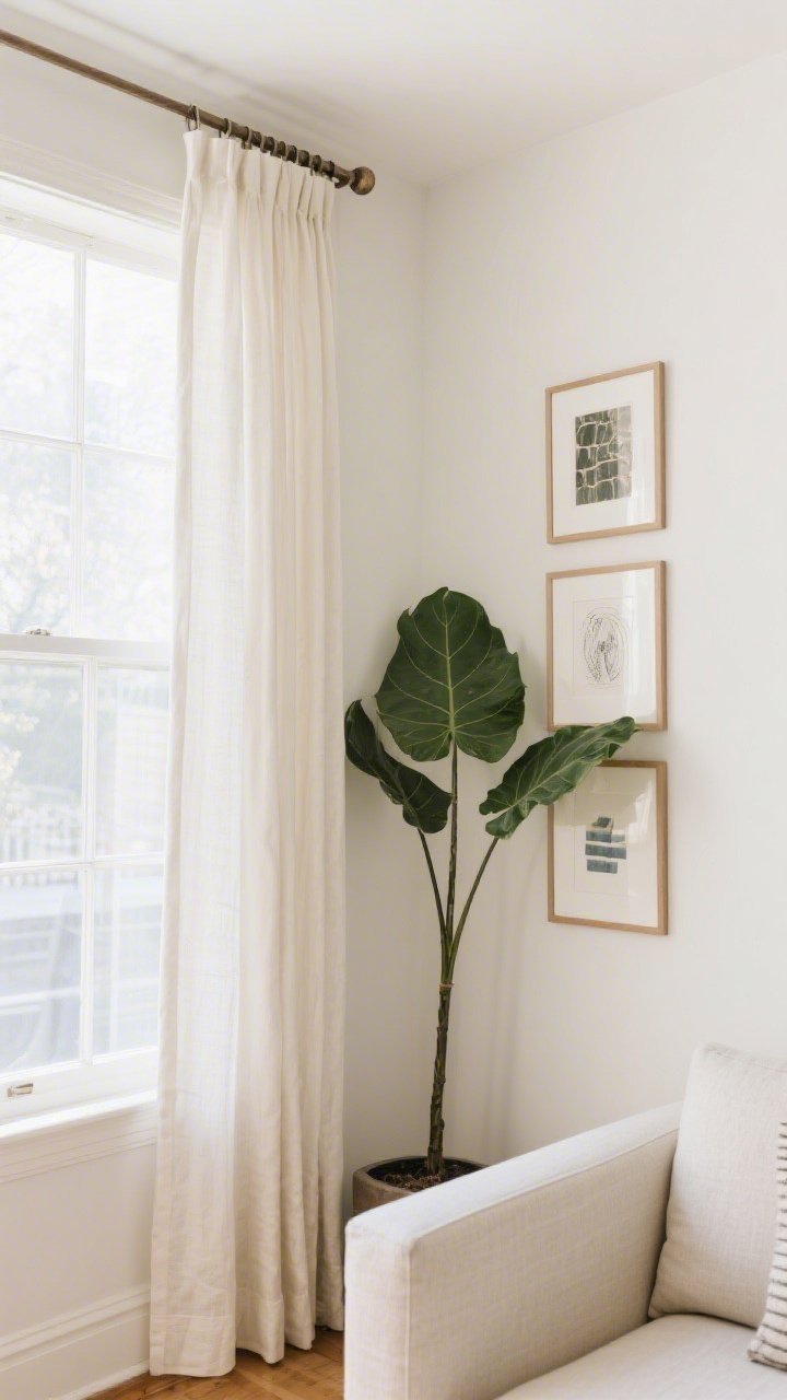 Wide vertical-focused shot: A small living room featuring ceiling-mounted curtain rods 8 inches above tall windows with long off-white drapery just kissing the floor, a vertical gallery stack of framed art ascending beside the window, and a tall fiddle-leaf fig in a slim planter pulling the eye upward; warm white walls; pro tip executed with wider rod span so panels clear the glass; bright natural light enhancing height.