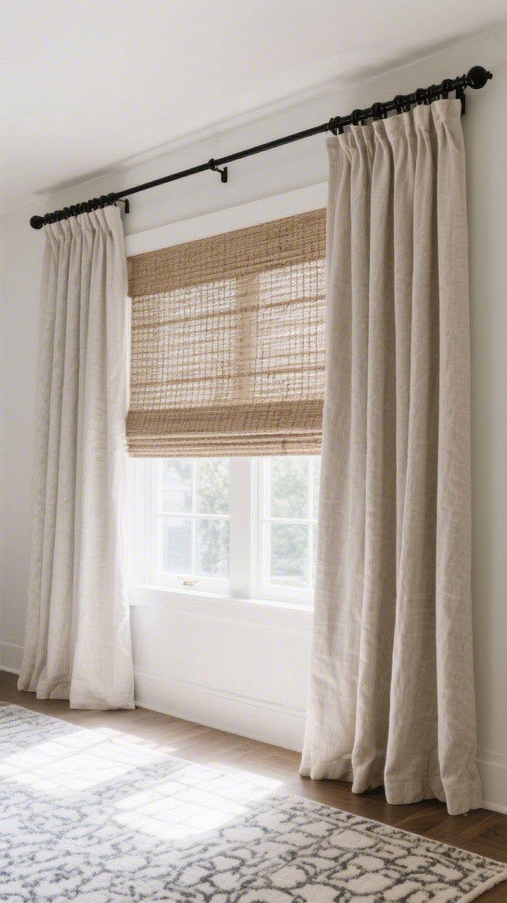 Wide window wall shot showing professional drapery install: linen-blend curtains hung high and wide (5 inches above frame, 10 inches past each side), panels just kissing the floor; layered with a woven Roman shade for texture; black curtain hardware for contrast; neutral panels balancing a patterned rug kept subtle; bright natural daylight.