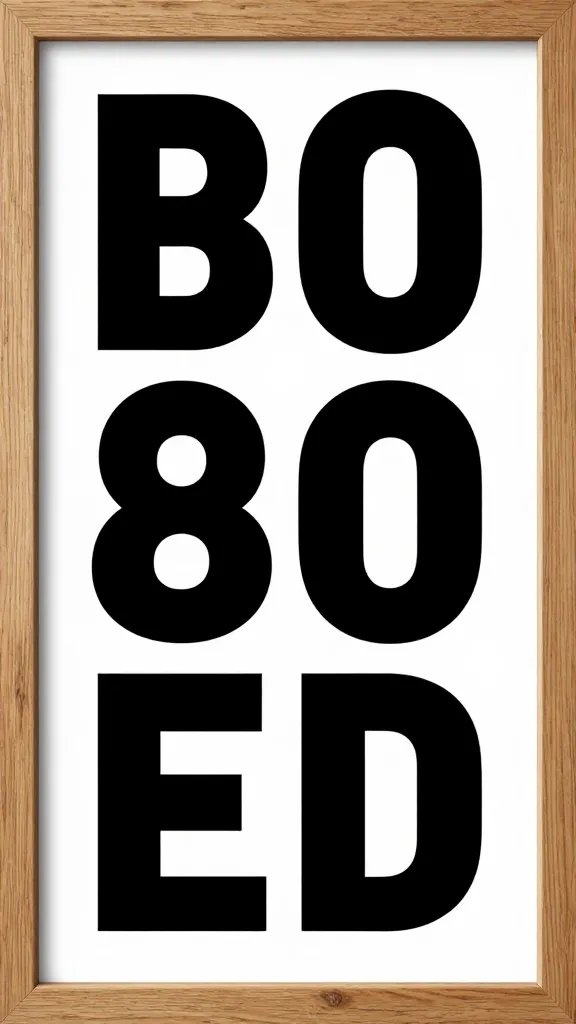 Closeup of a single wood-tone frame with bold monochrome typography poster