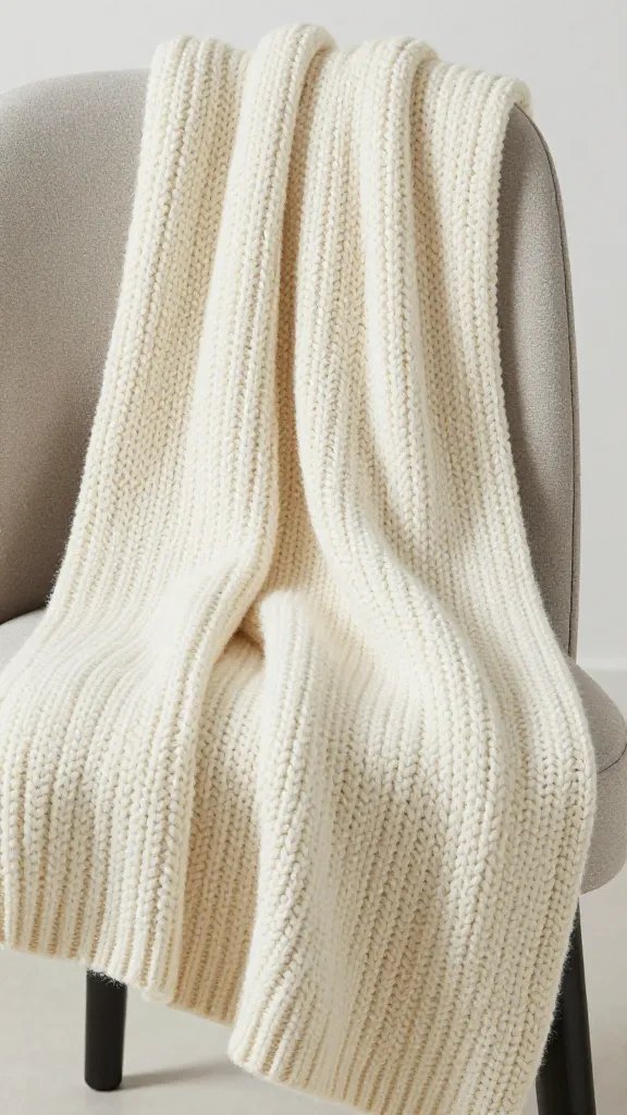 Closeup of chunky knit throw draped over a chair