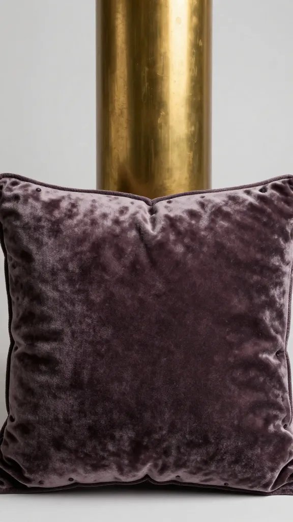Closeup velvet cushion with brass lamp backdrop