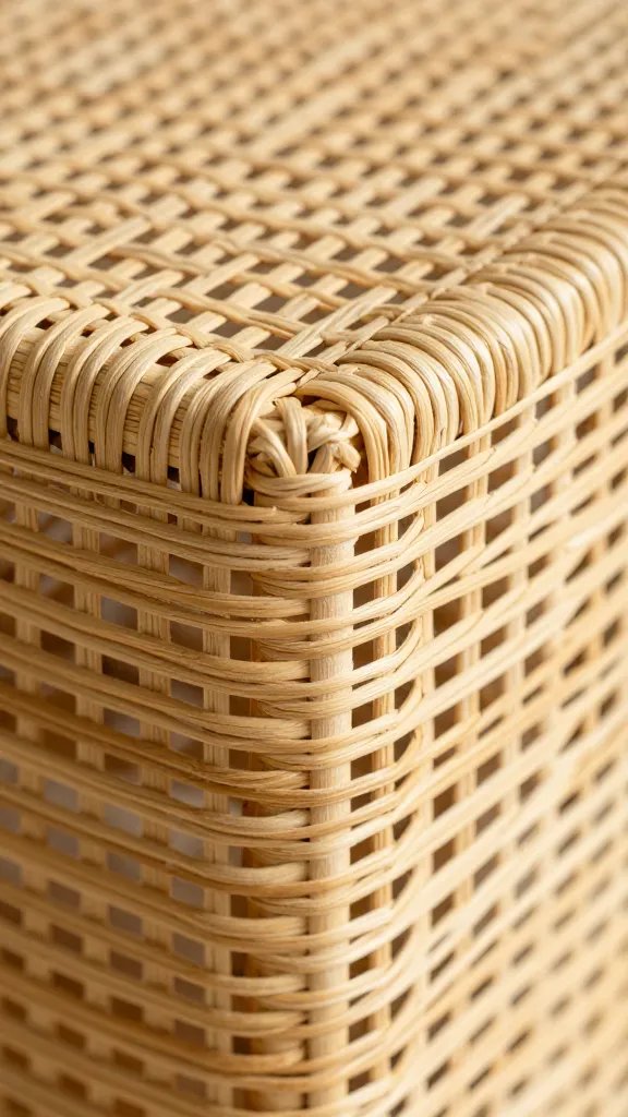 Closeup woven rattan texture on a side table edge