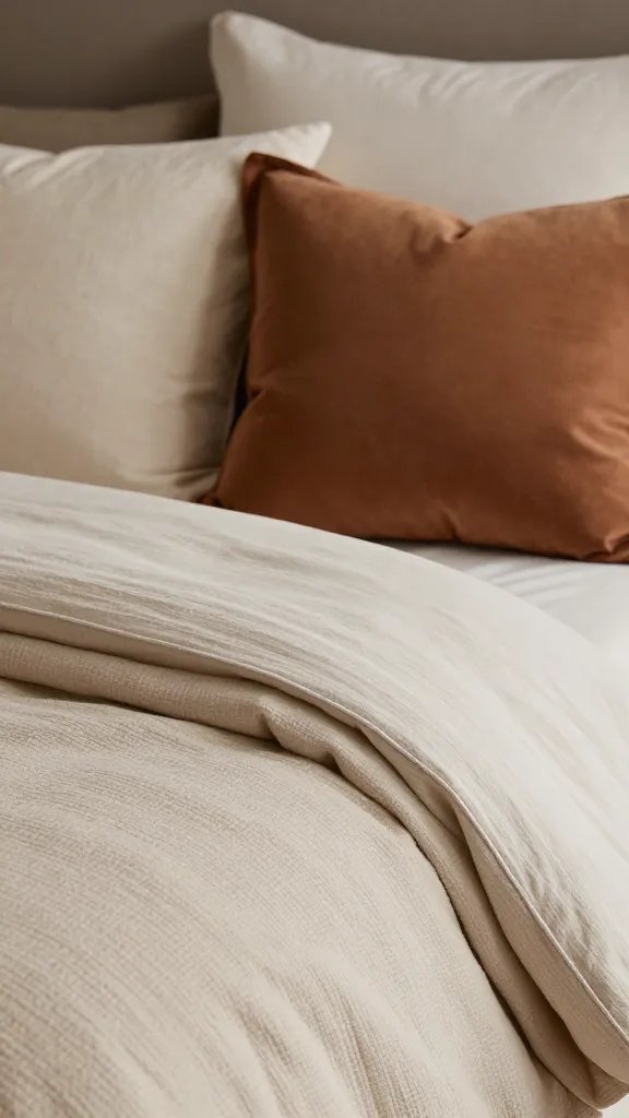 Closeup of a luxe neutral bed with layered textiles and burnt-umber pillow