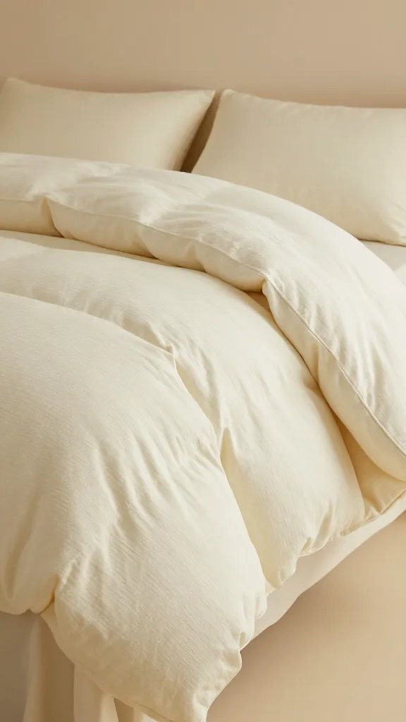 Closeup of textured cream comforter draped over a bed in warm beige room