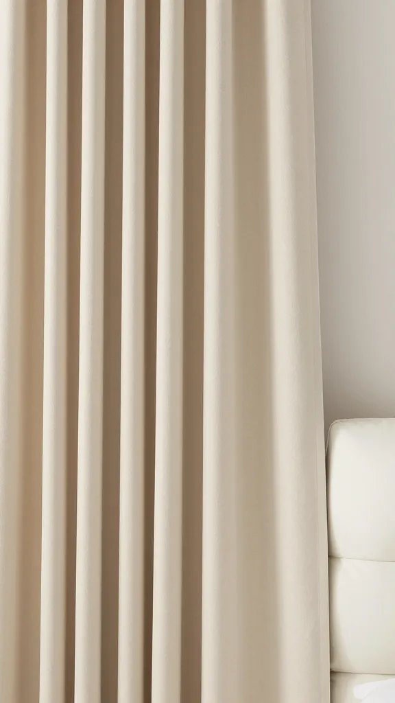 Closeup of a single soft beige curtain framed by a cozy white headboard