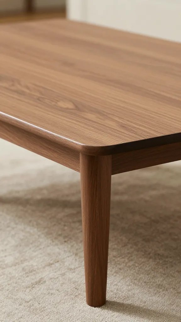 closeup of a single low-profile coffee table with a rug edge