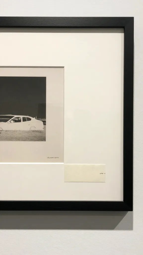 closeup of framed print with removable adhesive strip in gallery setup