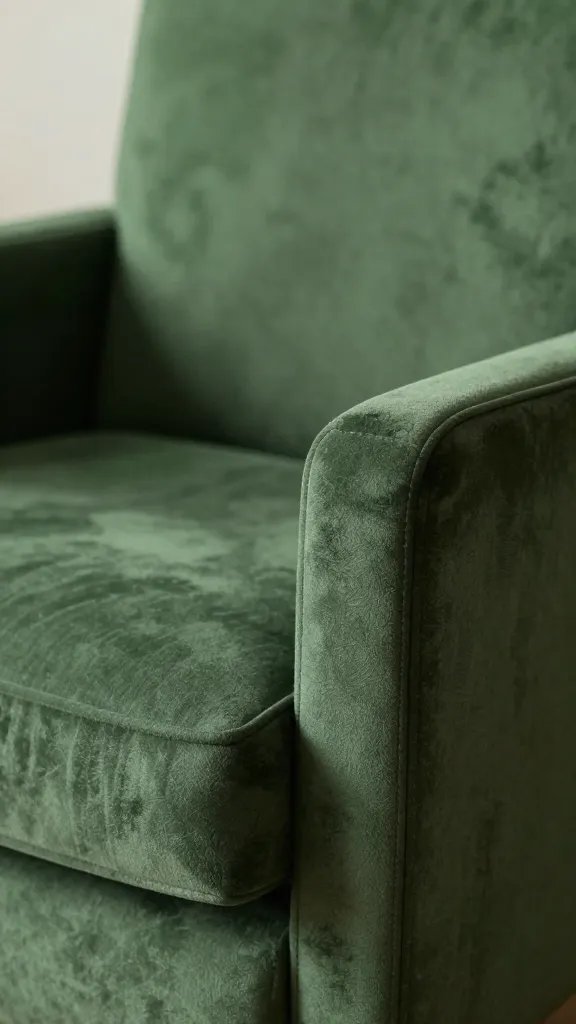 closeup of a forest-green upholstered accent chair in natural light