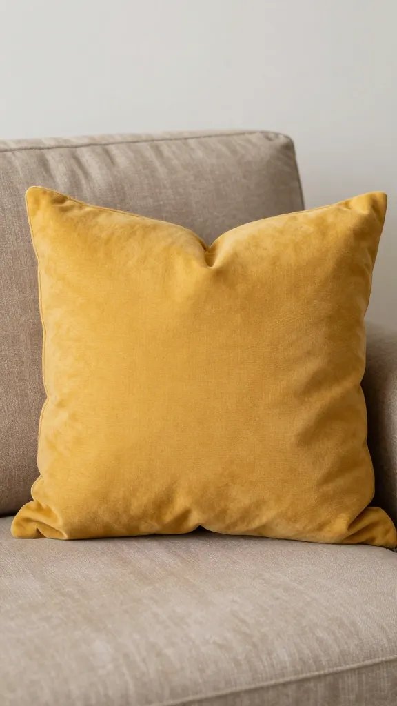 closeup of a mustard throw pillow on a taupe sofa