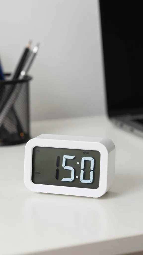 Closeup of a clean, clutter-free desk with a 5-minute timer in focus