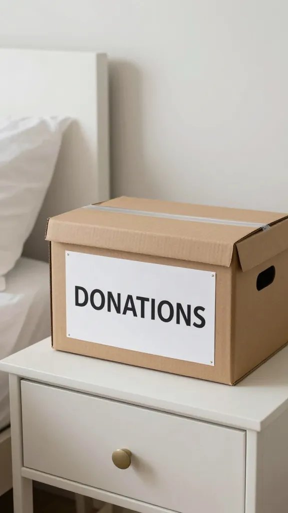 Focused shot of a labeled donation box beside a cleaned bedside table