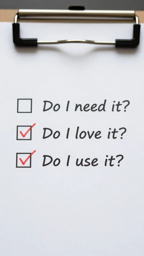 Macro image of a single “Do I need it? Do I love it? Do I use it?” checklist on a clipboard