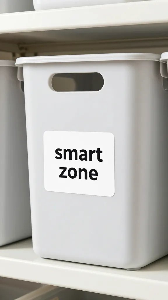 Closeup of a labeled storage bin in a tidy “smart zone” shelf