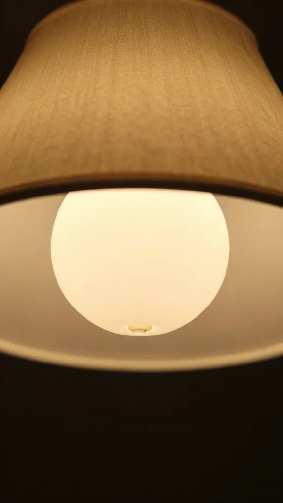 closeup of a warm LED lamp bulb glowing softly in a fabric lampshade