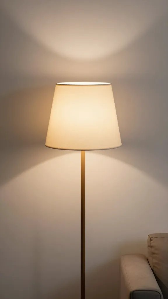 closeup of a floor lamp creating room zoning in a minimalist living area