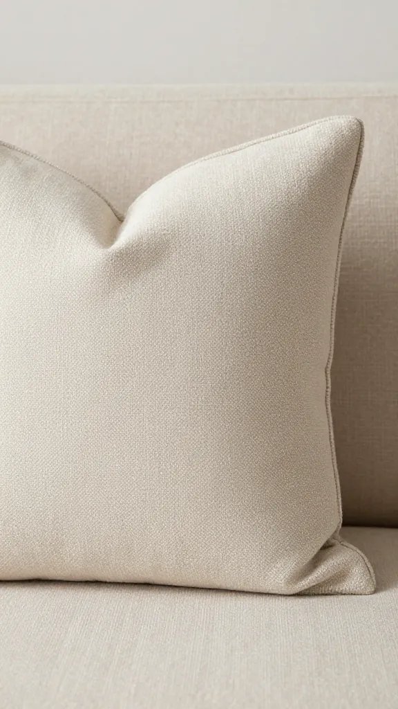Closeup of a textured bouclé pillow with piping detail on a neutral sofa
