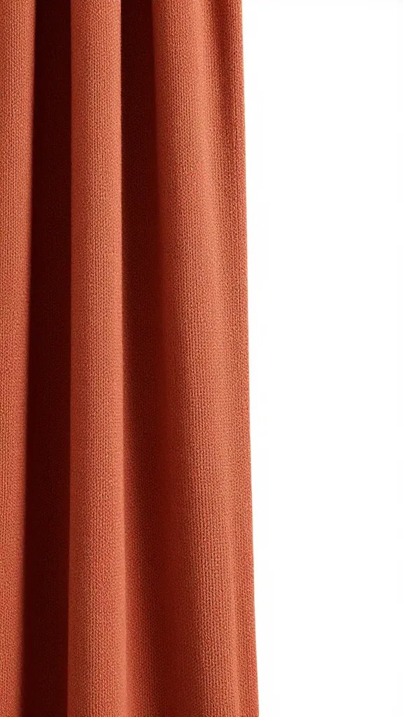 Closeup of a chunky knit terracotta curtain pulled to the side