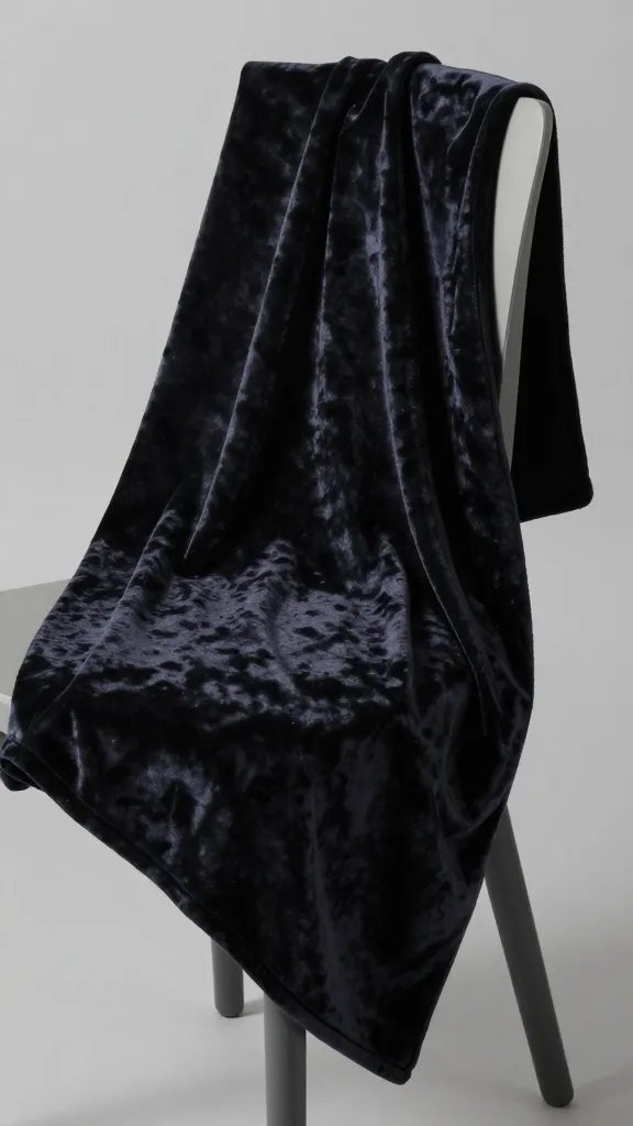 Closeup of a velvet throw draped over a minimalist chair with soft shadows