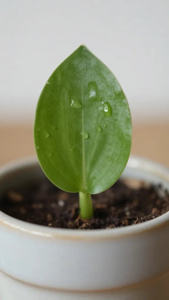Macro shot of a single green plant leaf in a simple ceramic pot