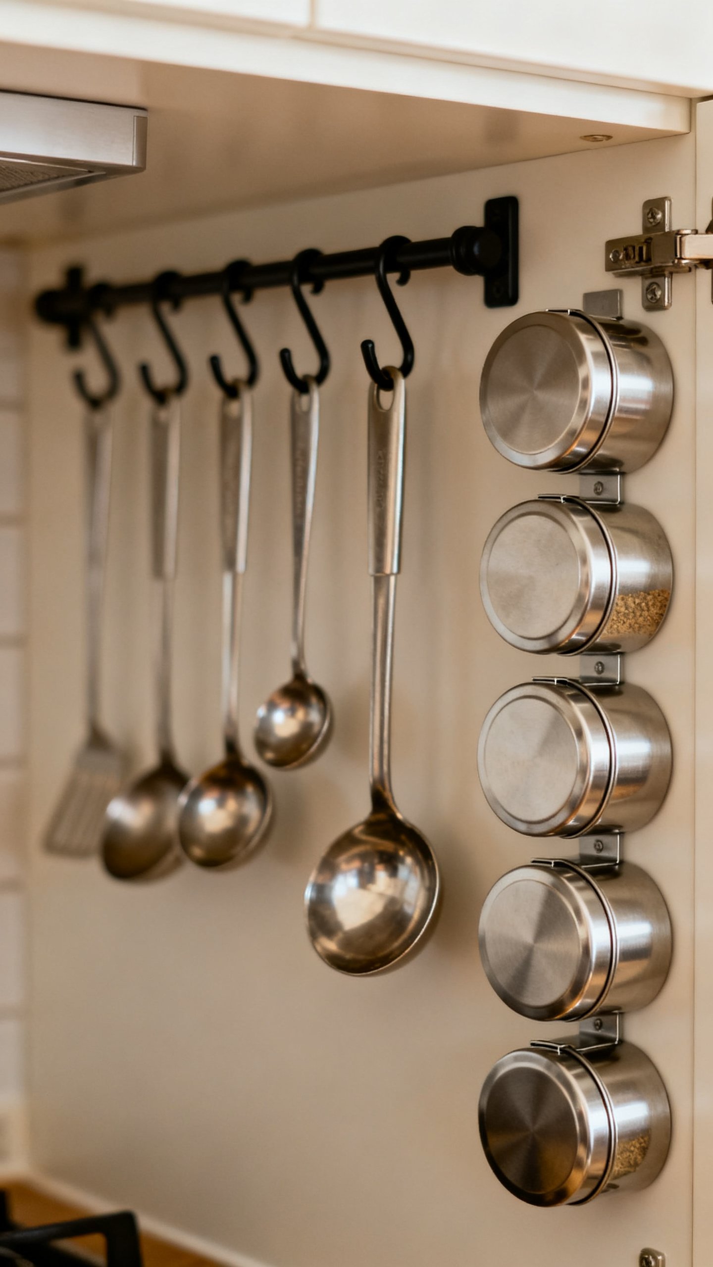 Cabinet door interior with hooks: measuring spoons, magnetic spice tins